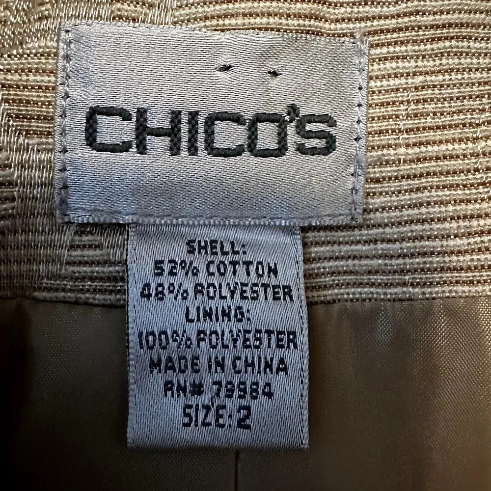 Chico's Tapestry Blazer Jacket Lined Floral Pattern Open Front Metallic Tan 2 L - Image 3