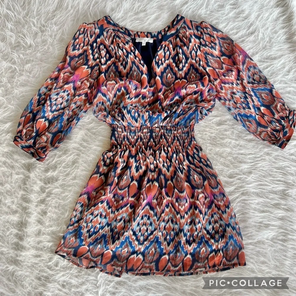 Glam Dress Blouson Mini Coral Blue S Boho Peasant Festival Party Southwestern - Image 10