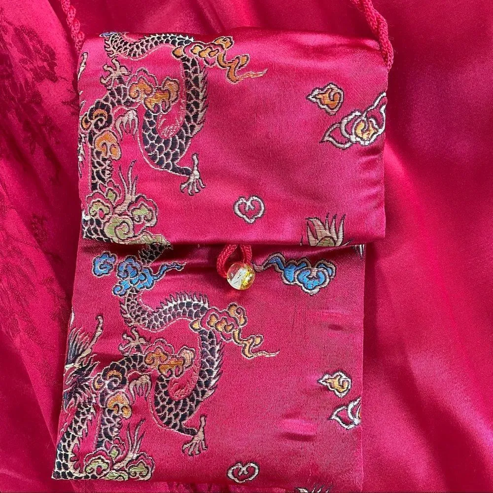 Vintage 80s Asian Chinese 3pc Outfit Duster Satin Pants Crossbody Purse M Red Size M - Image 10