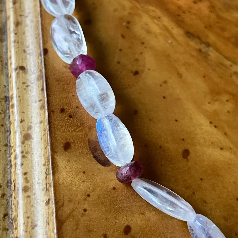 Natural Rainbow Moonstone Ruby Sterling Silver Beaded Necklace - Image 2