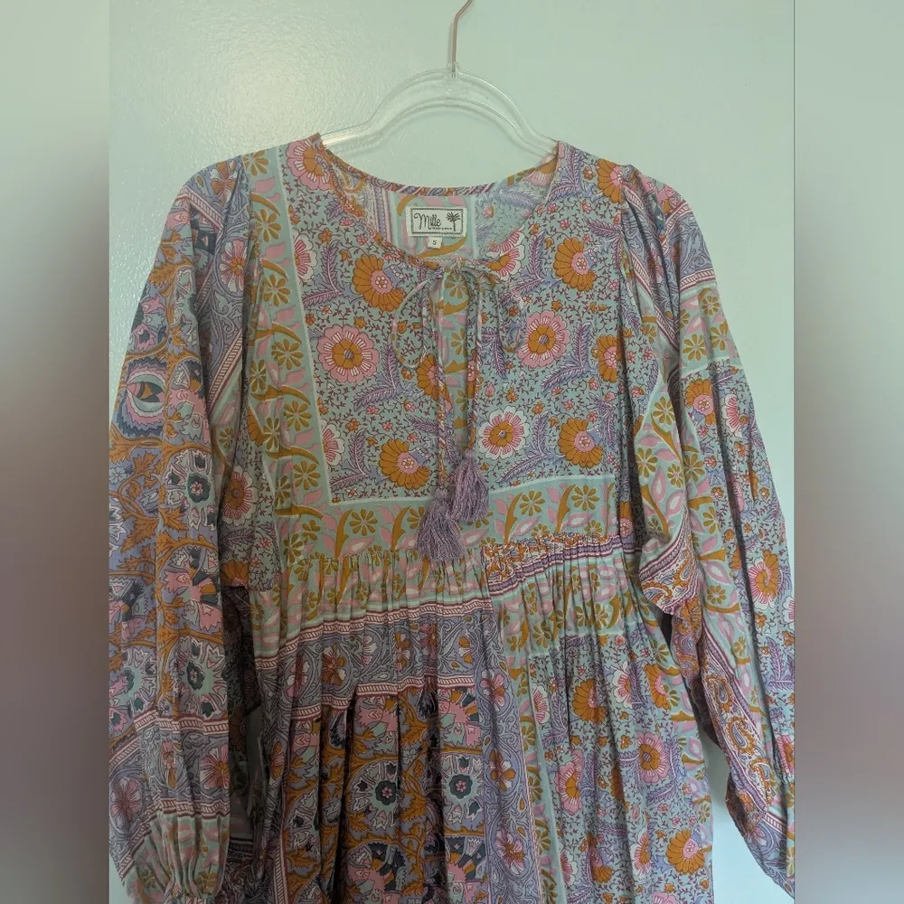 Mille Palace Midi Dress Floral Colorful Tassels Mixed Print Small Orange - Image 2