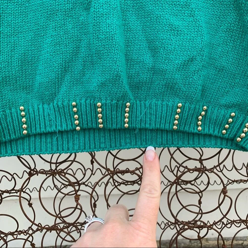 Vintage 90s teal gold art deco beaded cowl neck tunic sweater MEDIUM Green - Image 8