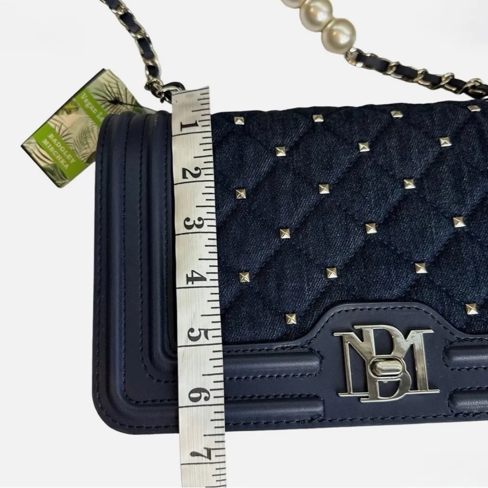 Badgley Mischka Denim Diamond Quilted Crossbody Bag Purse w/Faux Pearls NWT - Image 5