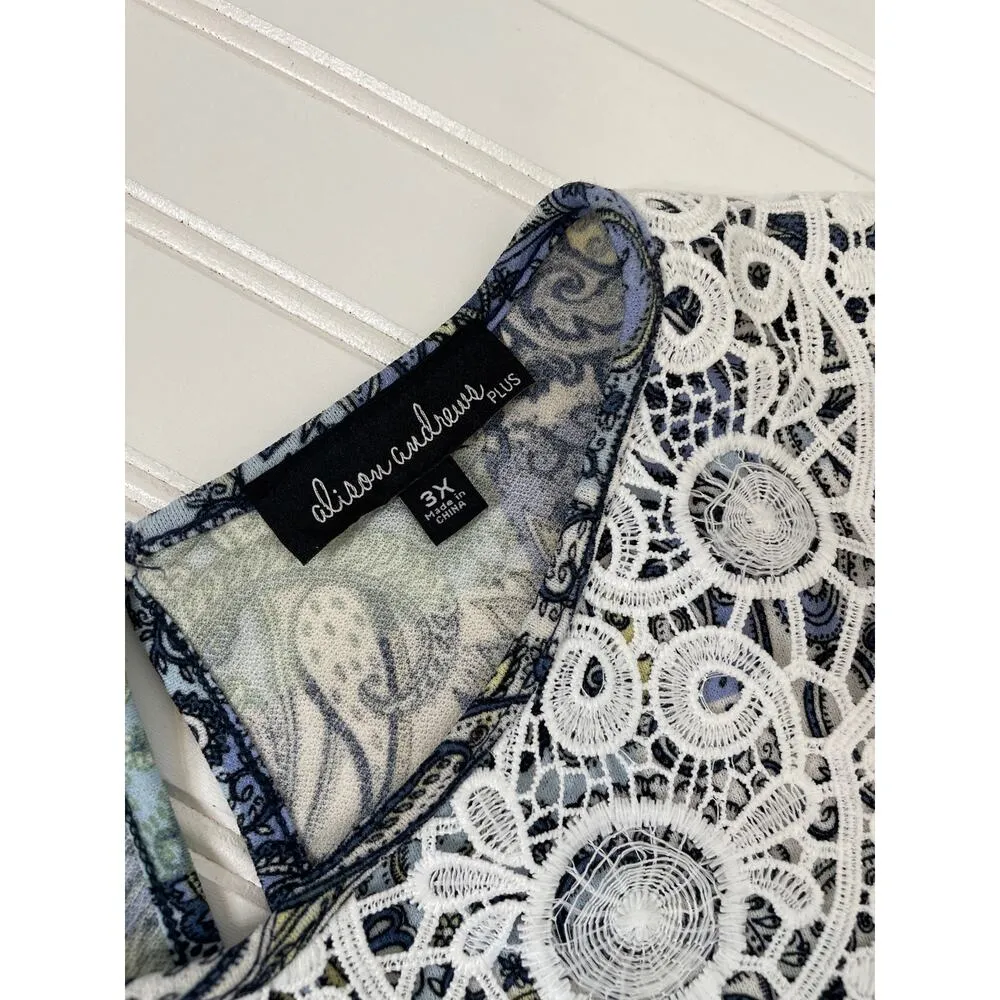 Allison Andrews Blue Paisley Long Sleeve Crochet Collar Sheath Dress Size 3X - Image 5