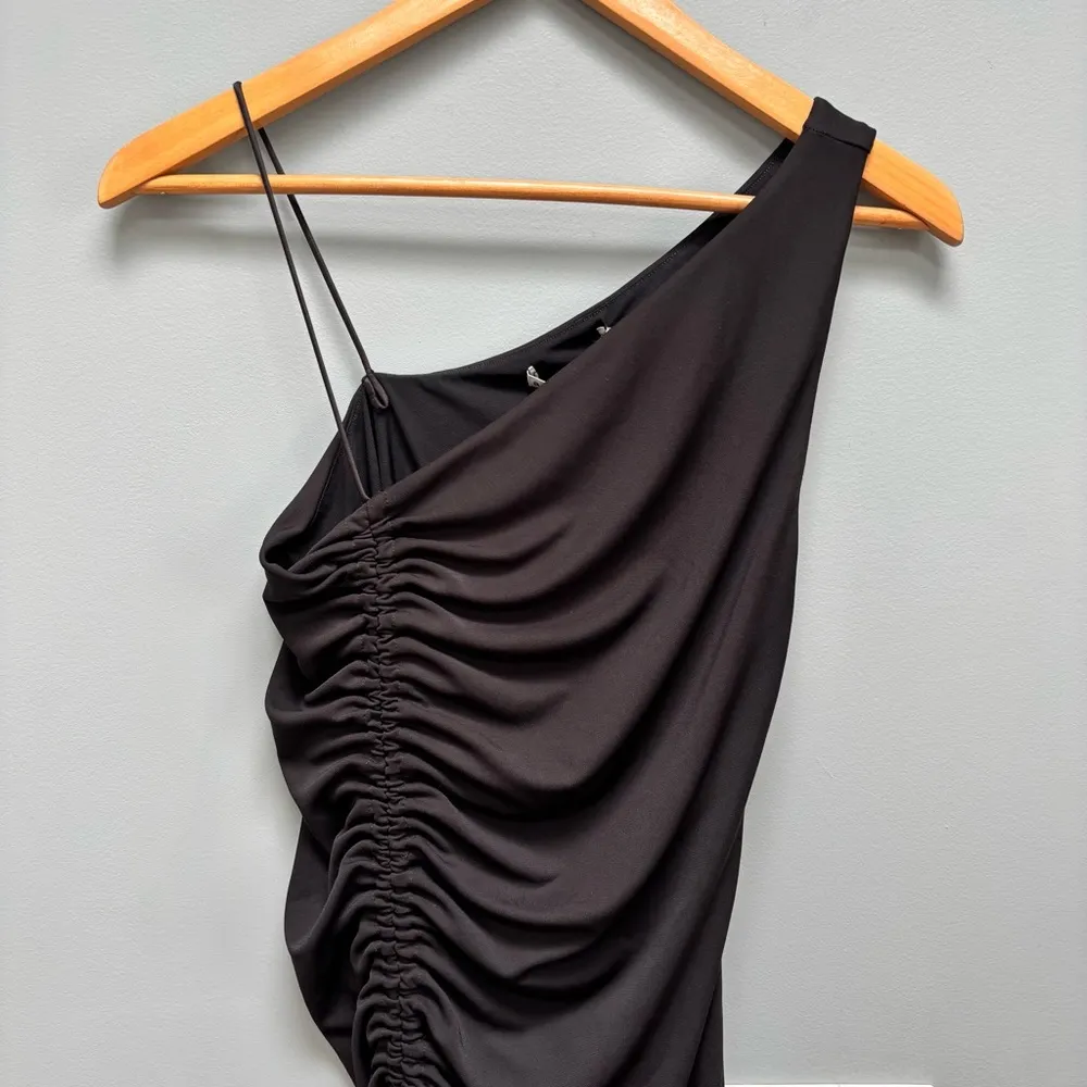 Alice and Olivia Binnie Asymmetric Ruched Bodycon Dress in Black 6 - Image 7