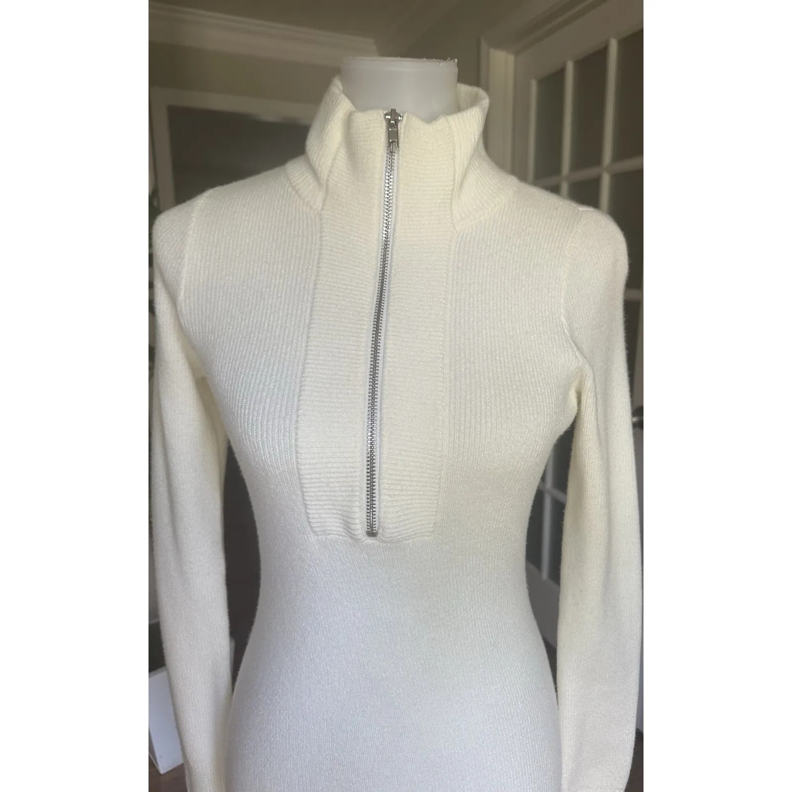 Abercrombie & Fitch White Sweater Dress Small Soft A&F Ribbed Knit Zip Neck - Image 2