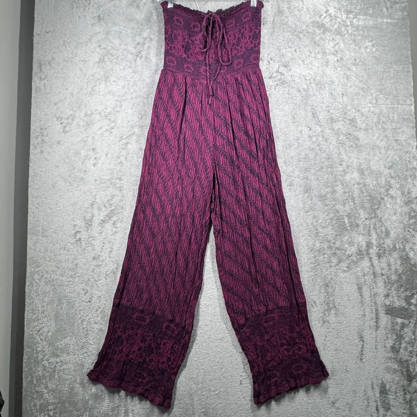 Free People Jumpsuit Small S Magenta Purple Smocked Wide Leg Boho Gypsy Festival - Image 3