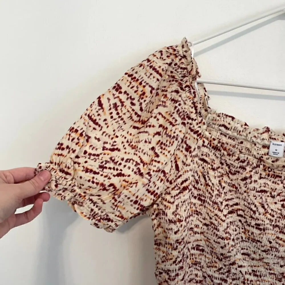 NEW NWT OLD NAVY Smocked Bodice Tie Dye Top Cream Beige Burgundy Short Sleeve M - Image 10