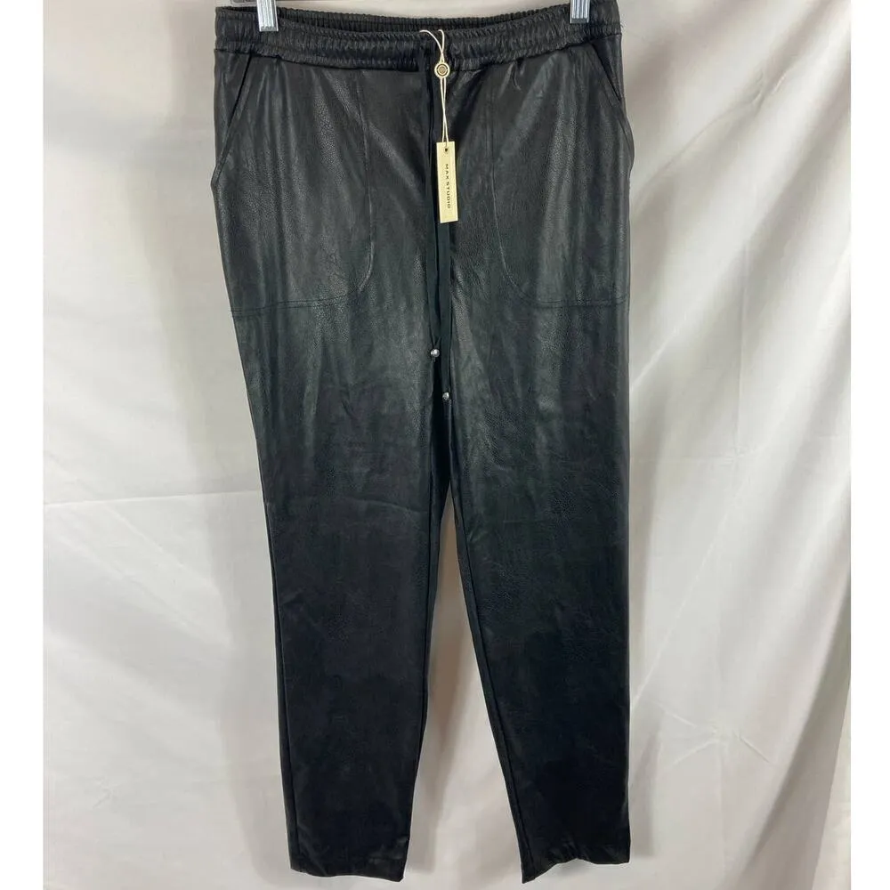 NWT Max Studio Black Faux Leather Pull On Drawstring Waist Pants size medium - Image 2
