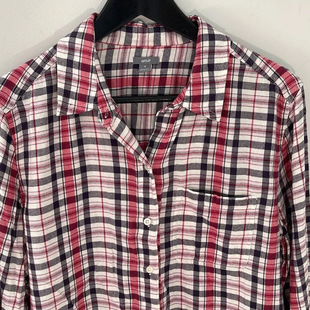 Aerie Womens Plaid Button Down Shirt‎ Long Sleeve Pocket Red Blue Size Medium - Image 2