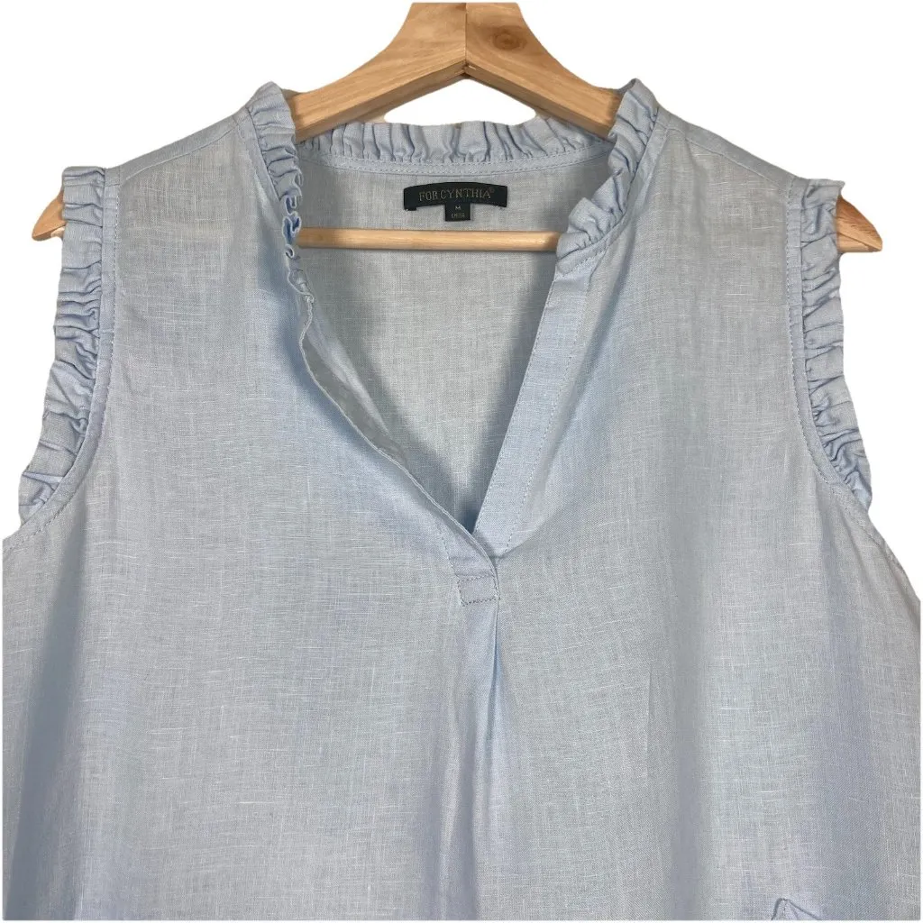 For Cynthia Baby Blue 100% Linen Tunic Top Ruffle Trim Size M Coastal Resort‎ - Image 3