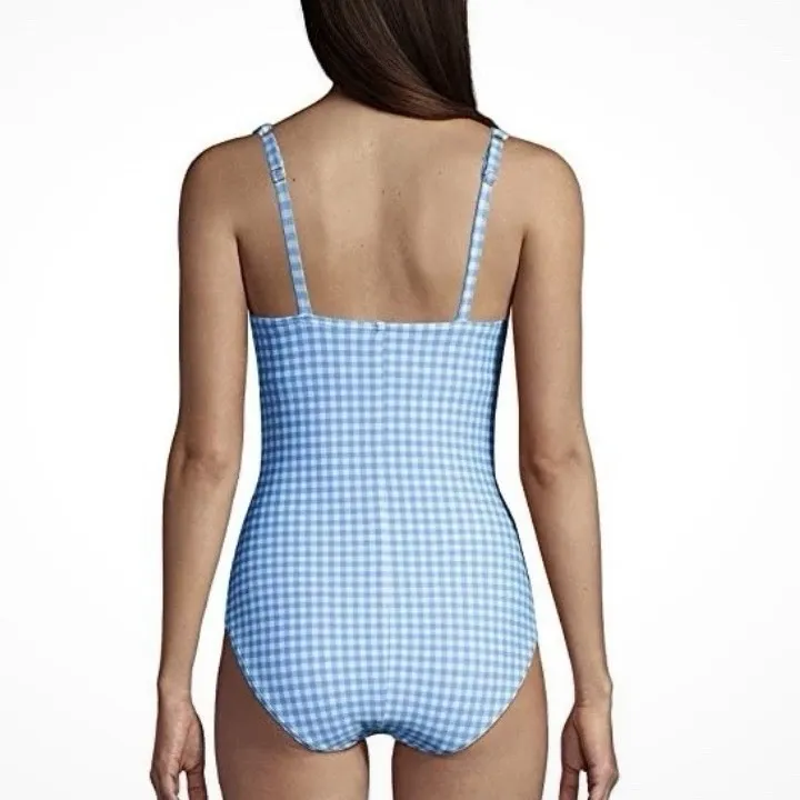 Lands End Blue Gingham Tummy Control Twist Front 1 Piece Swimsuit 12 PETITE - Image 3