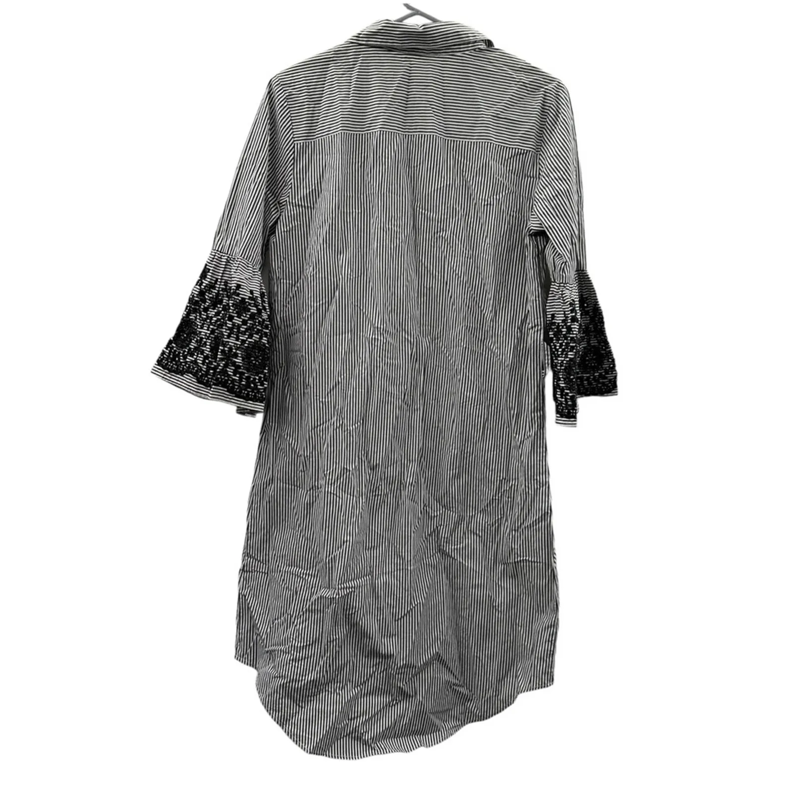 Calvin Klein Gray‎ & White Striped Boho Wide Bell Sleeve Button Down Dress Sz 6 - Image 6