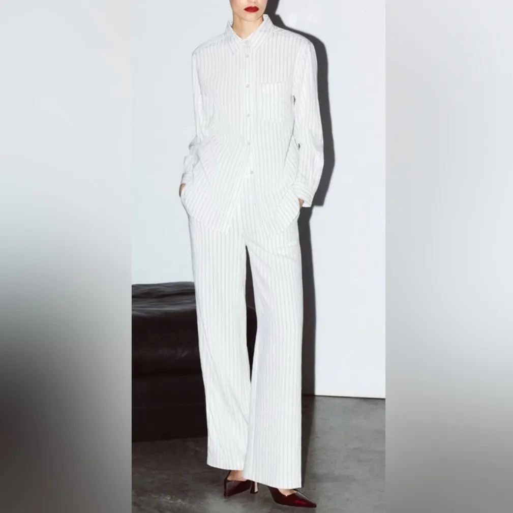 Mayson the Label white & black striped pants & collared button down top | size 4 - Image 2