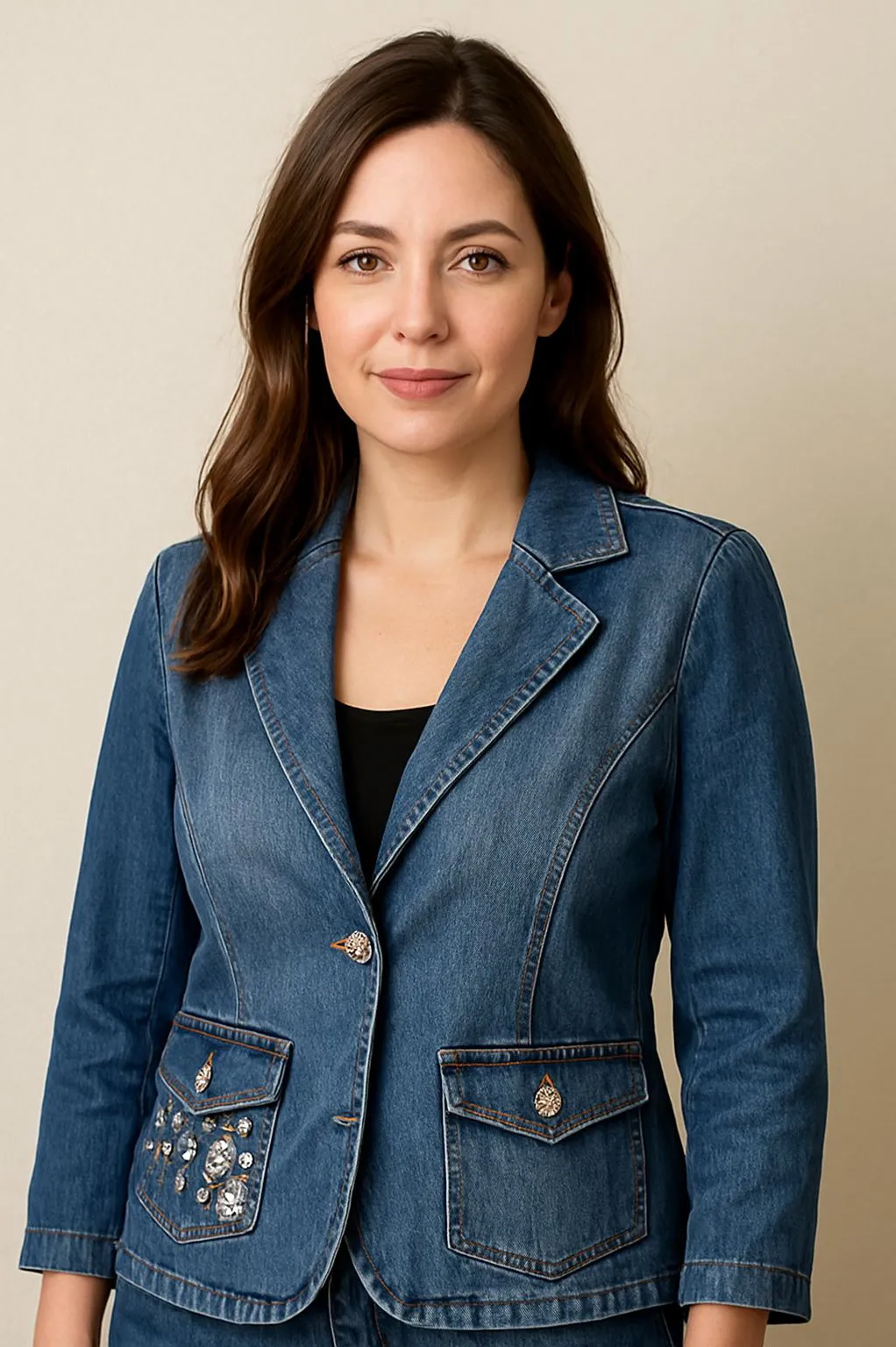 Stylish Vintage Denim Jacket with Embellishments rhinestone buttons Blue Size L - Image 1