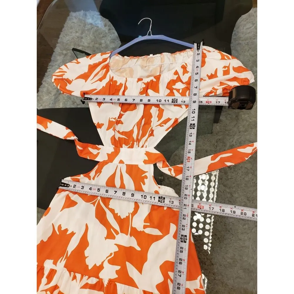 Womens White Orange Floral Pleated Waist Backless Short Sleeve Long Maxi Dress L Size L - Image 8
