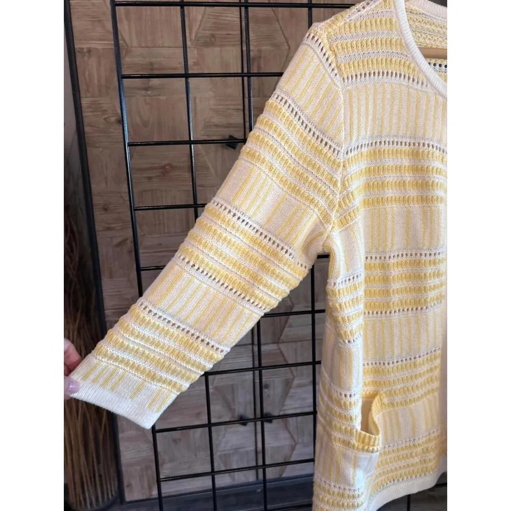 Christopher & Banks Womens Cardigan S/L Yellow White Crochet Knit Sweater Boho - Image 4