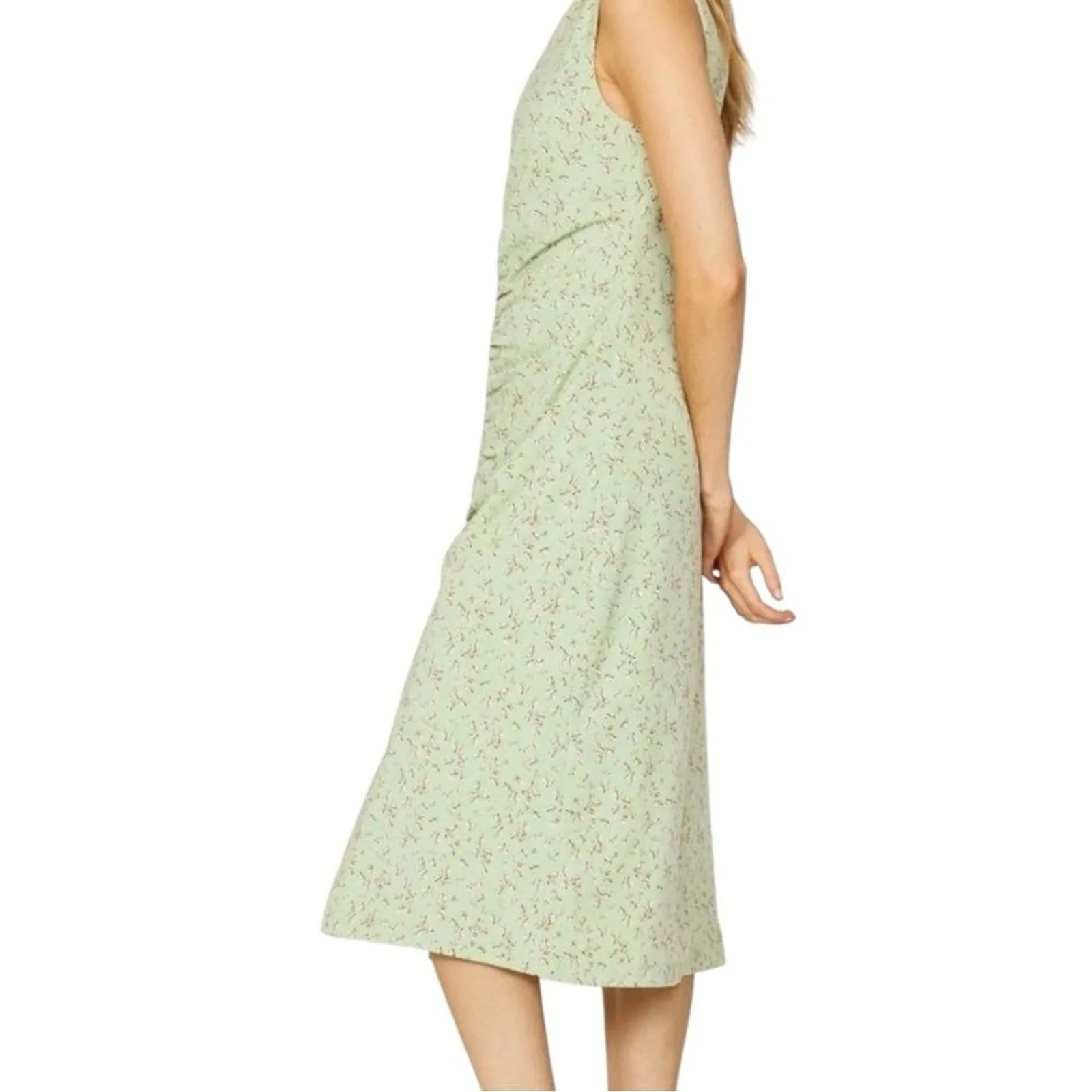Love, Whit Pistachio Green Petite Floral Ruched Midi Dress High Slit Open Back L Size L - Image 2