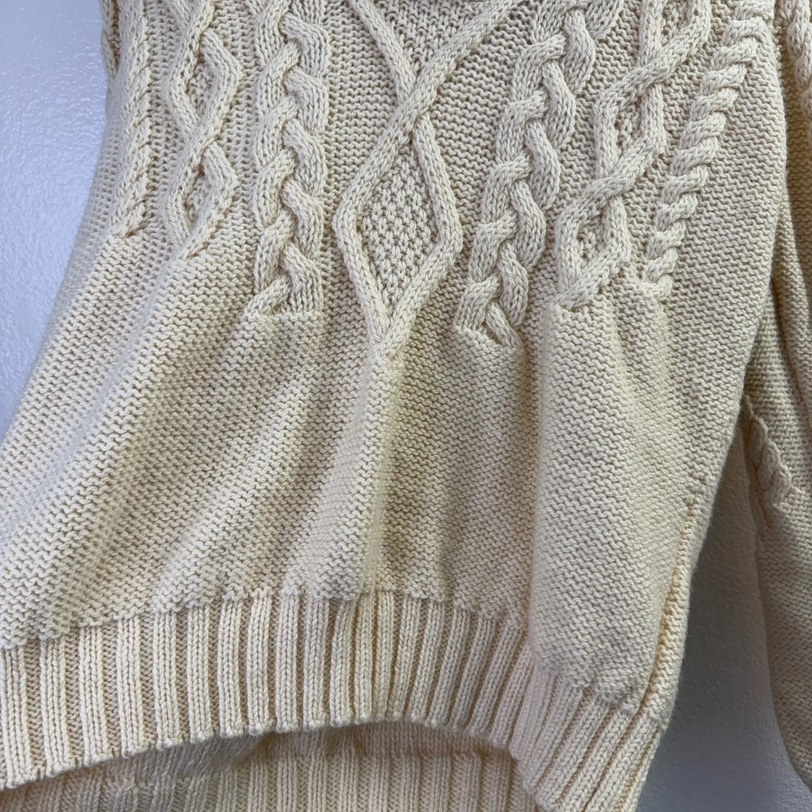 Inis Crafts Wool Shawl Neck Sweater Womens L Cream Cable Knit Fisherman *Hole Size L - Image 3