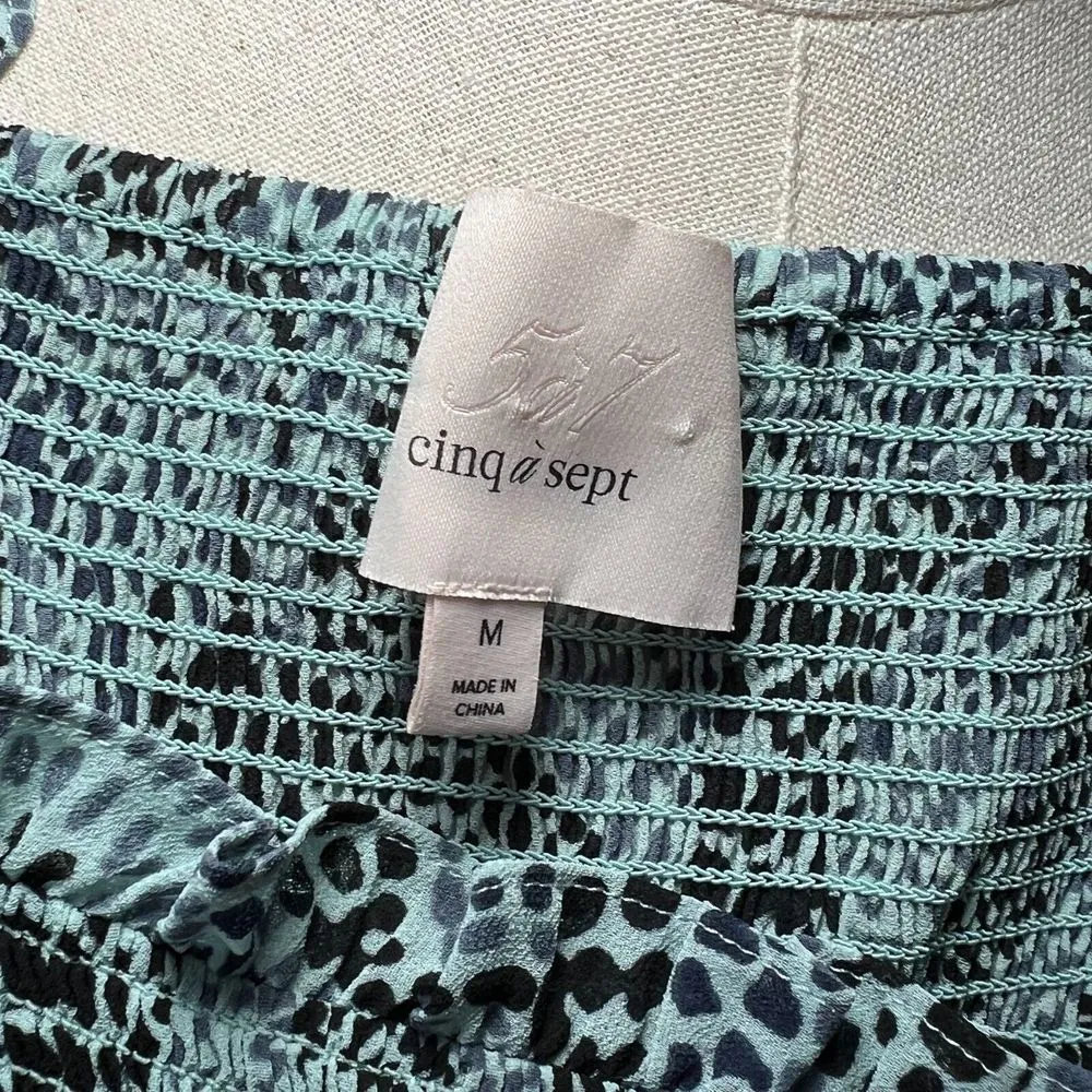 Cinq A Sept‎ Anabelis Smocked Ruffle Top Blue Sz Medium Square Neck Animal Print - Image 7