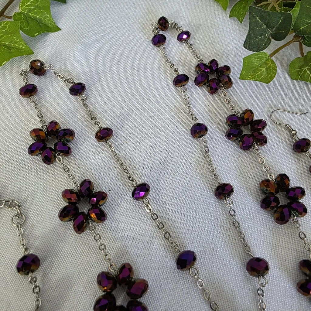 Faceted AB Purple Crystal Bead Flower Necklace Bracelet Earrings Set - Image 4