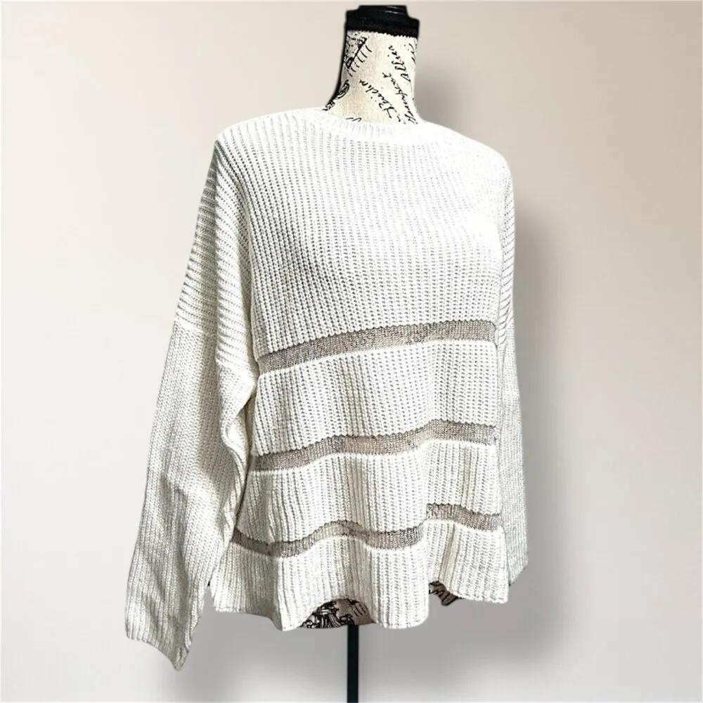 Forever 21 M White Knit Sweater Sheer Cutout Striped Pullover Y2K Streetwear - Image 3