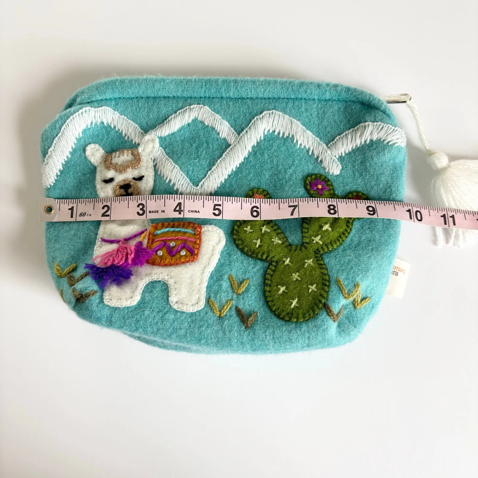Wool Llama & Cactus Handmade in Peru Makeup Travel Cosmetics Bag Turquoise Green - Image 2
