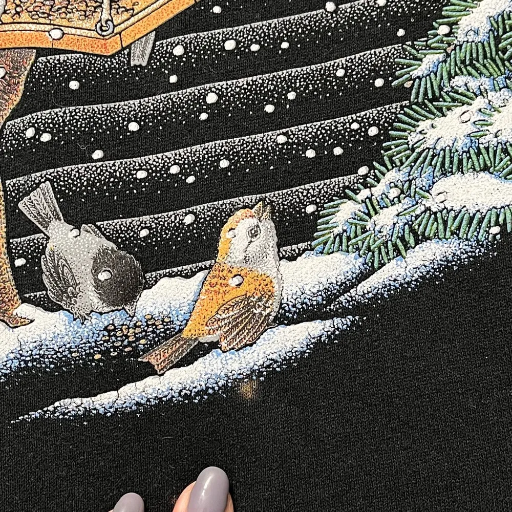 Vintage Sweatshirt Pullover Crewneck Cat Birds Winter Scene M Medium S Small - Image 7