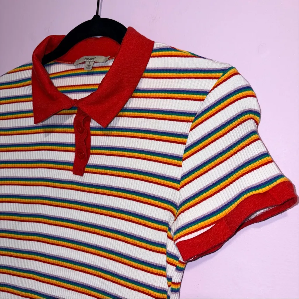 Vintage Papaya Rainbow Crop Polo Women XS Ribbed Y2K Kidcore Academia Preppy Art - Image 2