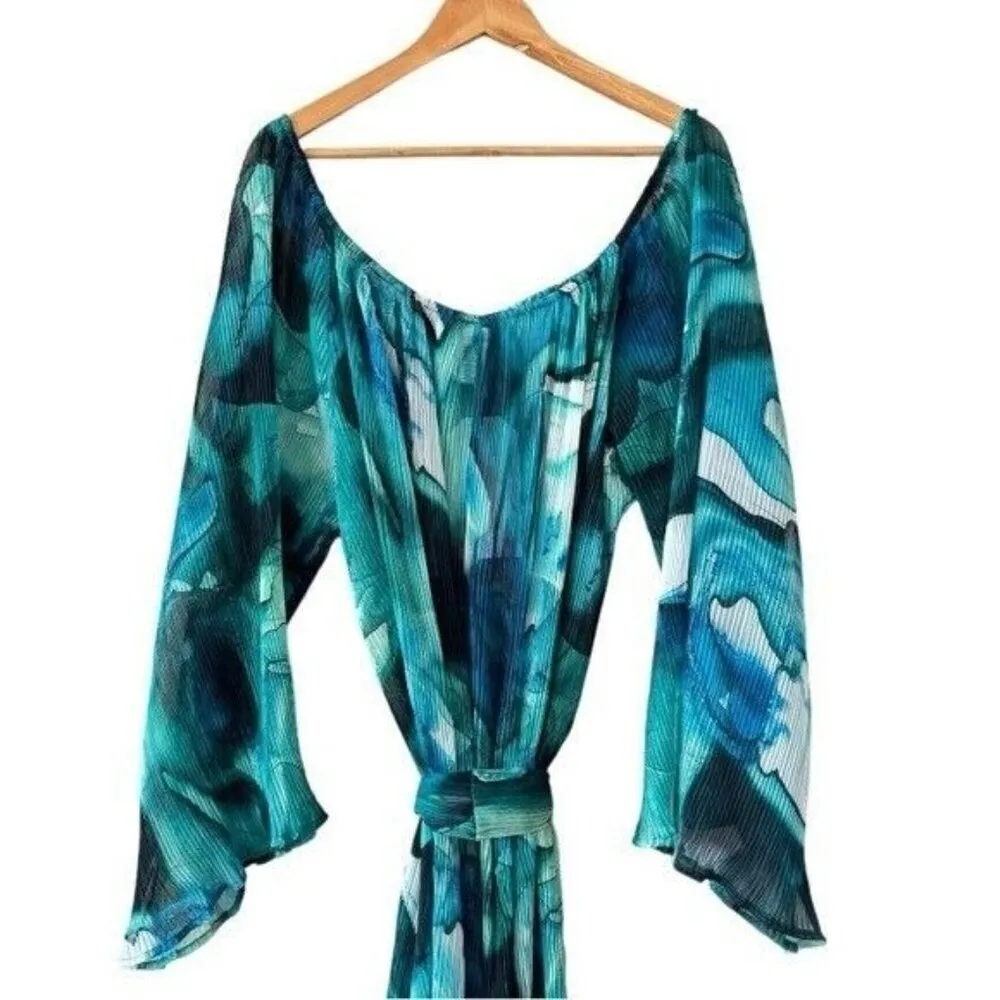 VILLA FRESCA Malia Off The Shoulder Micro Pleated Maxi Dress Blue Size 4X NEW - Image 13