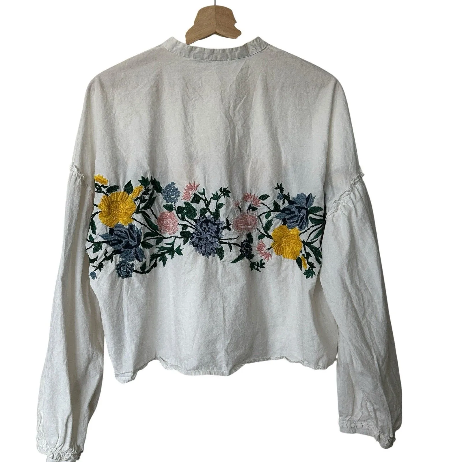 ZARA L White Floral Embroidered Ballon  Sleeves Peasant Relaxed Blouse Top - Image 3