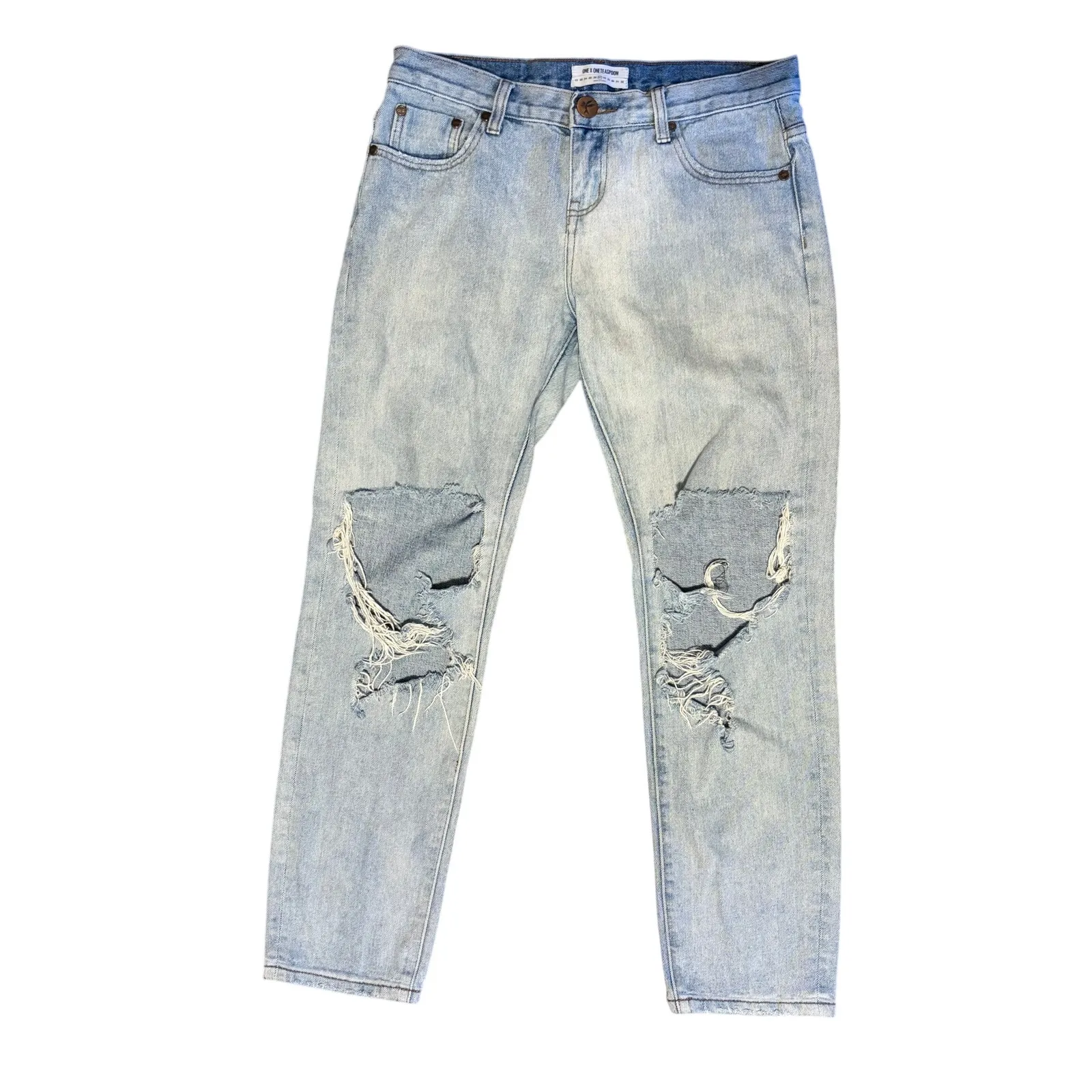 ONE X ONETEASPOON Straight Boyfriend Distressed Busted Knee Jeans 27 High Rise Blue - Image 2