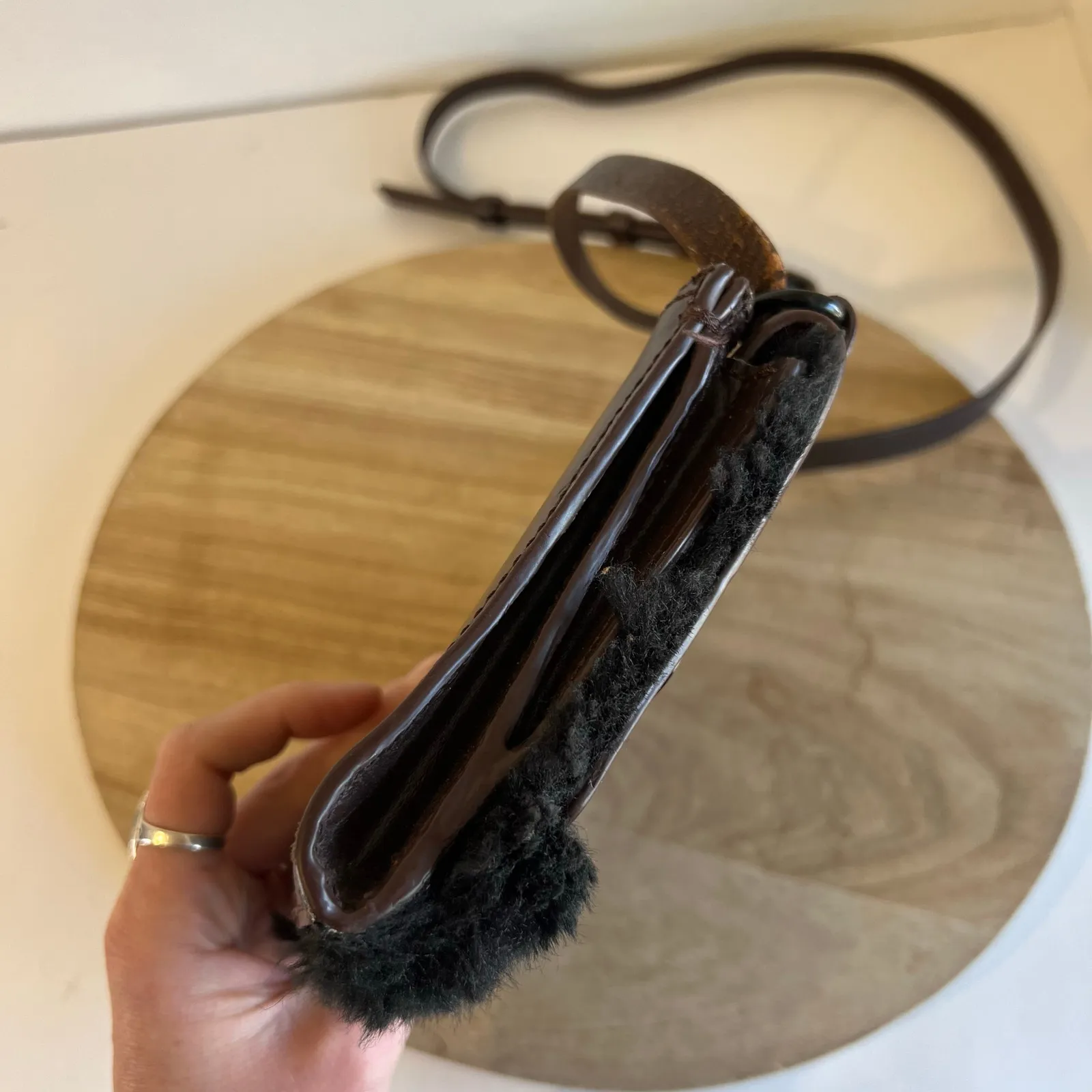 KDB Brown Genuine Cowhide Leather Black Fur Lined Crossbody Small Bag - Image 11