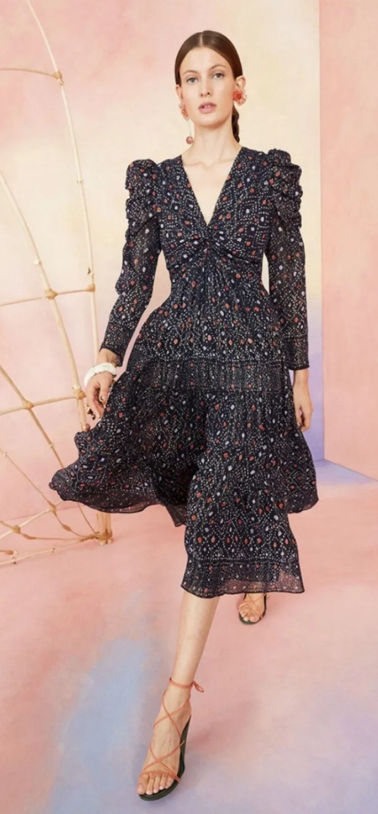 UIla Johnson Miya Printed Dress Long Sleeve Metallic Navy Blue Size US 2 - Image 1