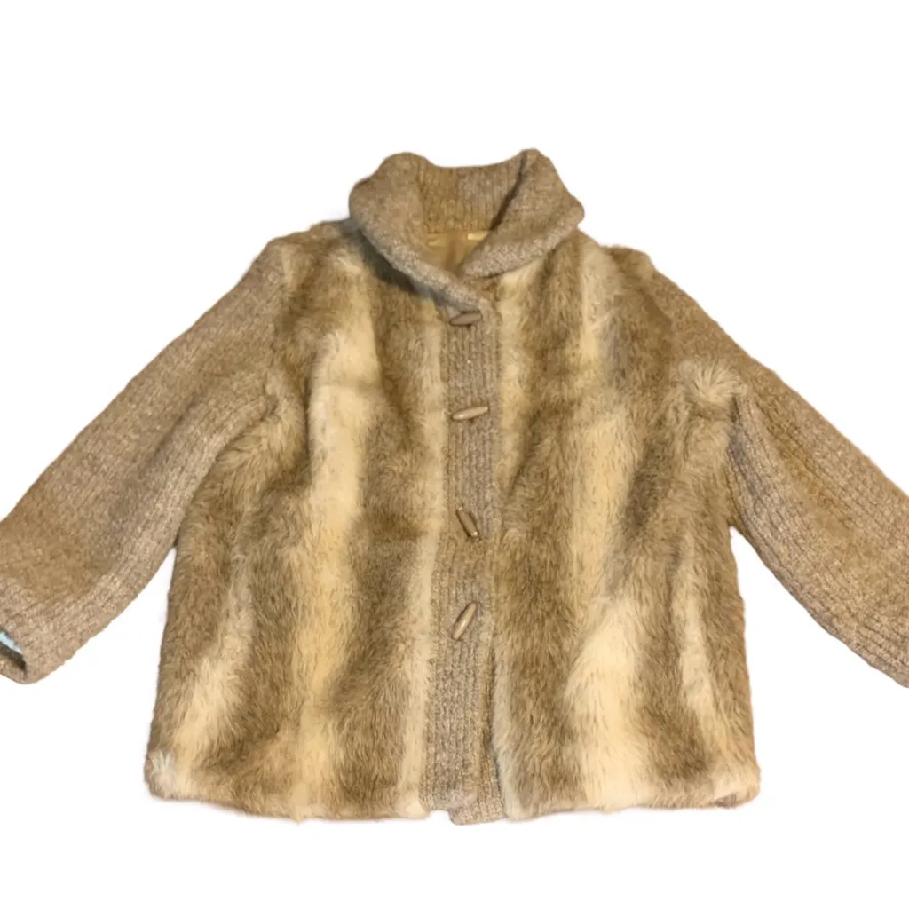 VINTAGE 1980’S D'ESPRIT DUBROWSKY & PERLBINDER TAUPE FAUX FUR & KNIT COAT (XL) Brown - Image 10