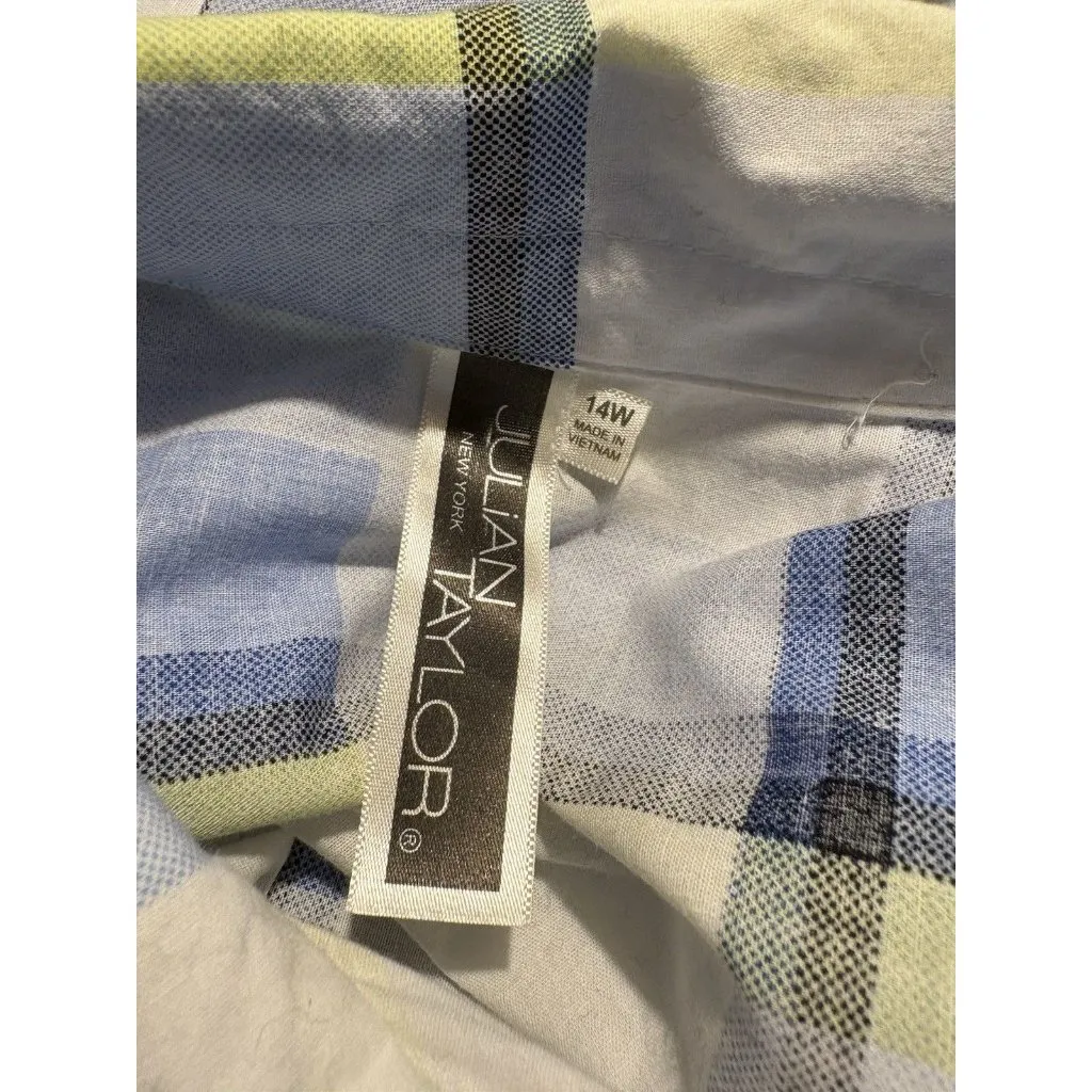 JULIAN TAYLOR Knee Length Shirt Dress A Line Blue Yellow Plaid Classic 14W - Image 6