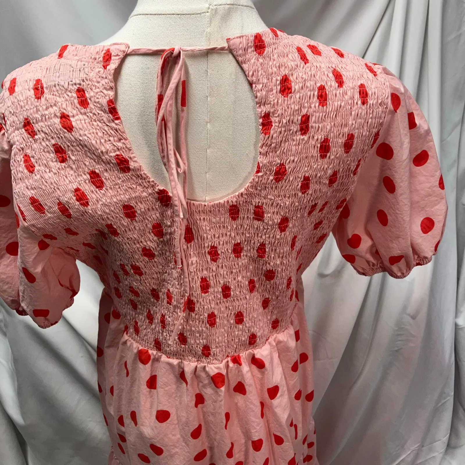 Petal‎ + Pup Gasal Tiered Smocked Midi Dress Pink Red Polka Dot Womens 10 Cotton - Image 6