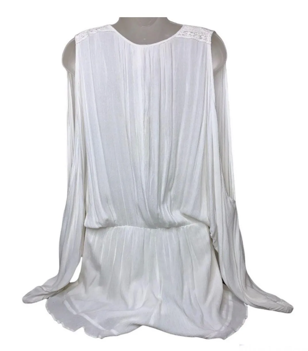 Dolman Slit Sleeve Cut Out Plunge Neck Strappy Lace Up Romper White Large Boho - Image 5