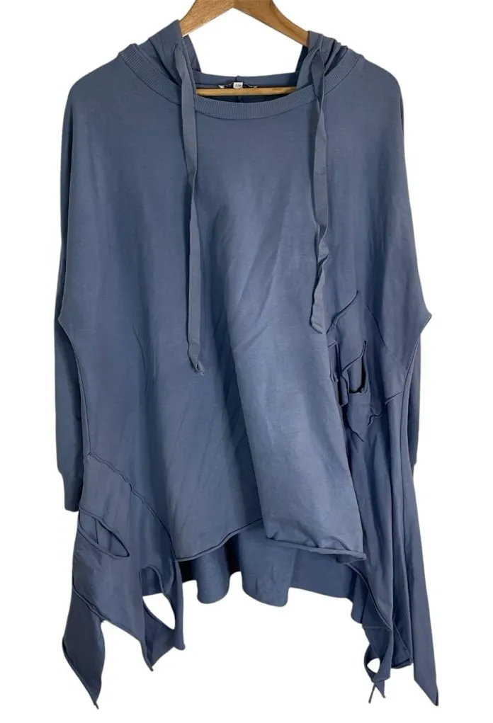 Tempo Paris Light Blue Knit sweater asymmetric fringe hooded ties Size S/M - Image 1