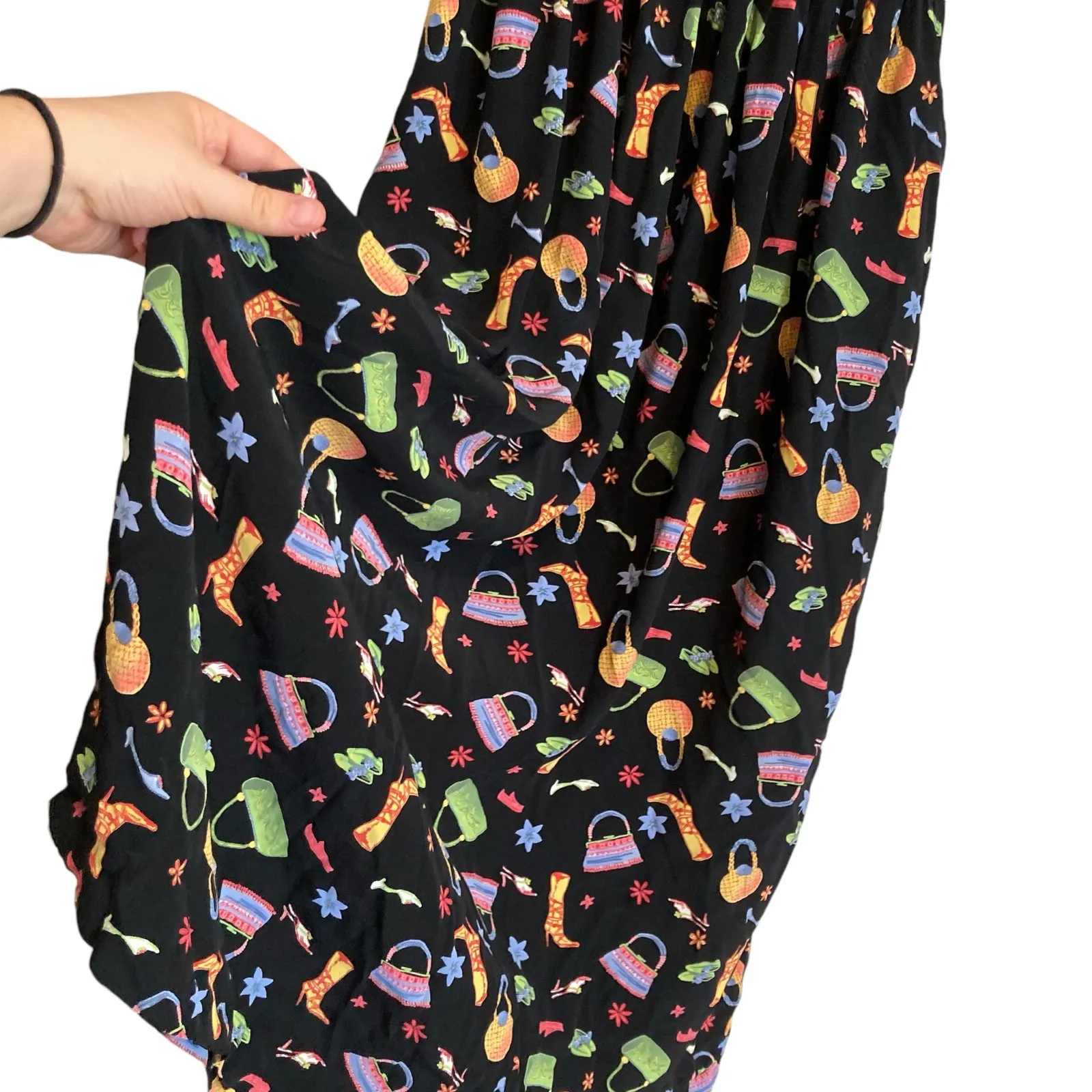 Vintage Y2K Coldwater Creek Black A-Line Dress Whimsical Print Sz Small Rayon - Image 8