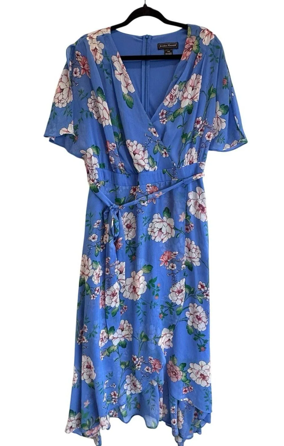 Jessica Howard Blue Floral Maxi Wrap Dress 14W Asymmetrical Ruffle Lined - Image 3