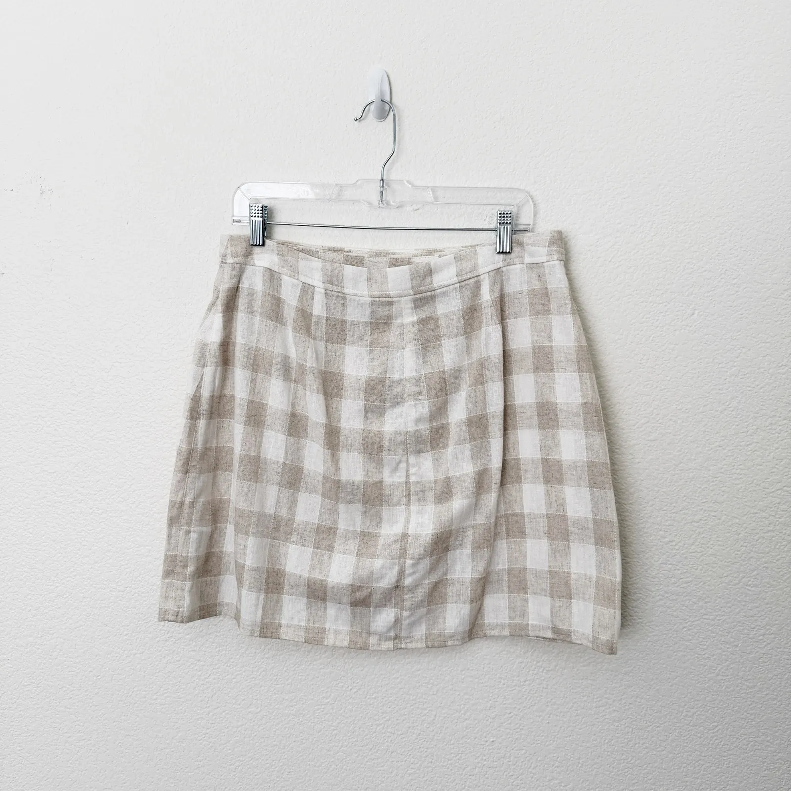 [Madewell] Neutral Plaid Tan Cream Linen Blend Button Wrap Mini Skirt NWT Sz 12 - Image 3