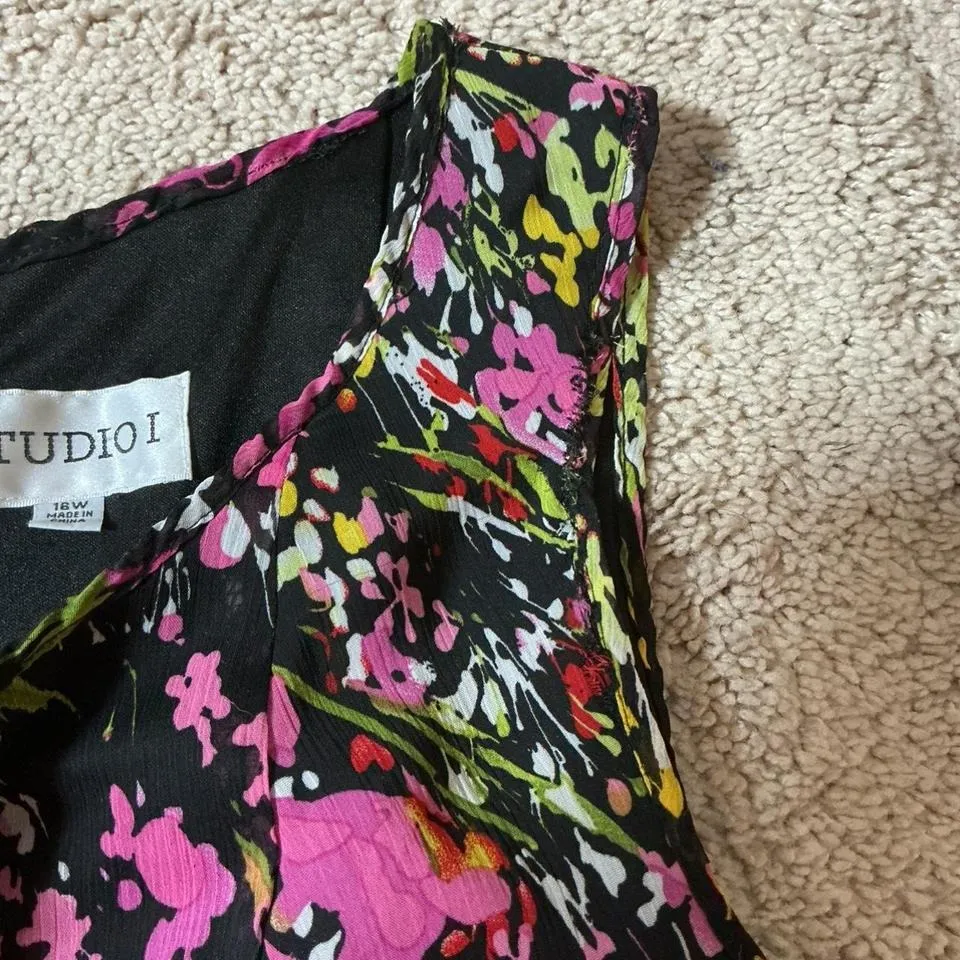 Studio I Black Floral Print Sleeveless Maxi Dress Ruffle Hem Women 16W - Image 7