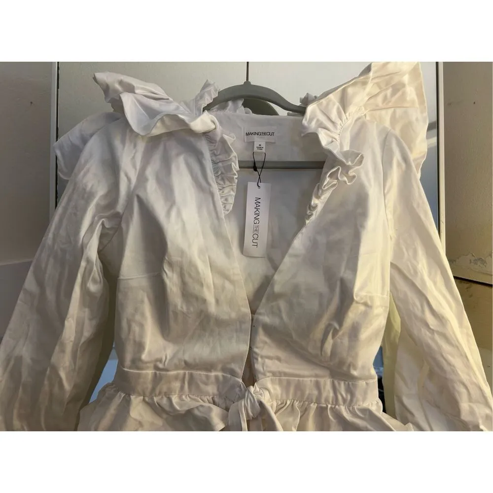 NEW White MAKING THE CUT Ruffle Long Sleeve Tie Front Jacket M $90 Size M - Image 3