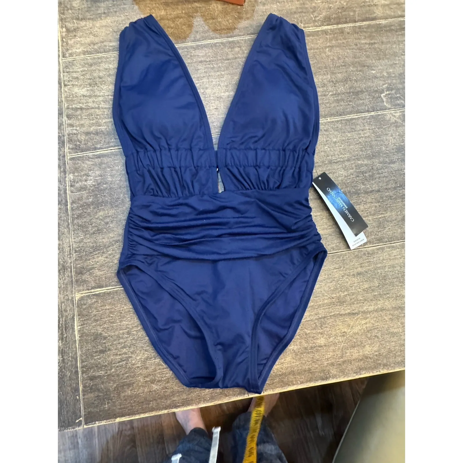 $156 Carmen‎ Marc Valvo Plunge-Neck Ruched One-Piece Swimsuit, Maritime Size 4 - Image 4