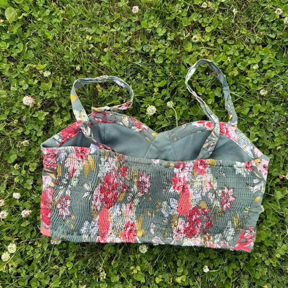 BOG Green Floral Print Corset Crop Top Sz M Smocked Back Padded Cups Lined - Image 4