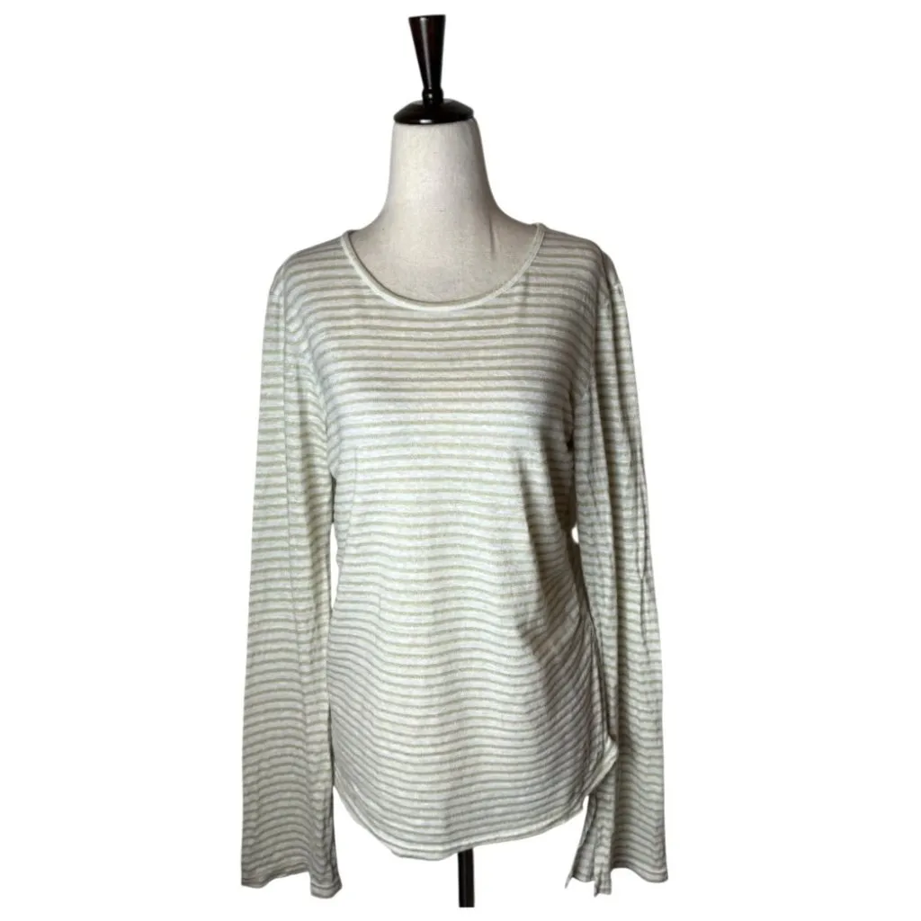 Frame Shirt Women Large Ivory Metallic‎ Gold Striped Linen Blend Split Cuff Tee - Image 2