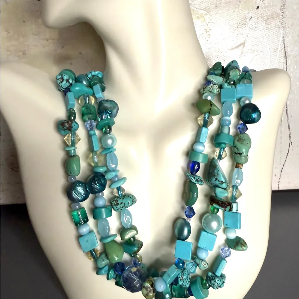 Turquoise and Faux Turquoise Necklace with Genuine Cultured Pearl Accents 🔥 Blue - Image 4