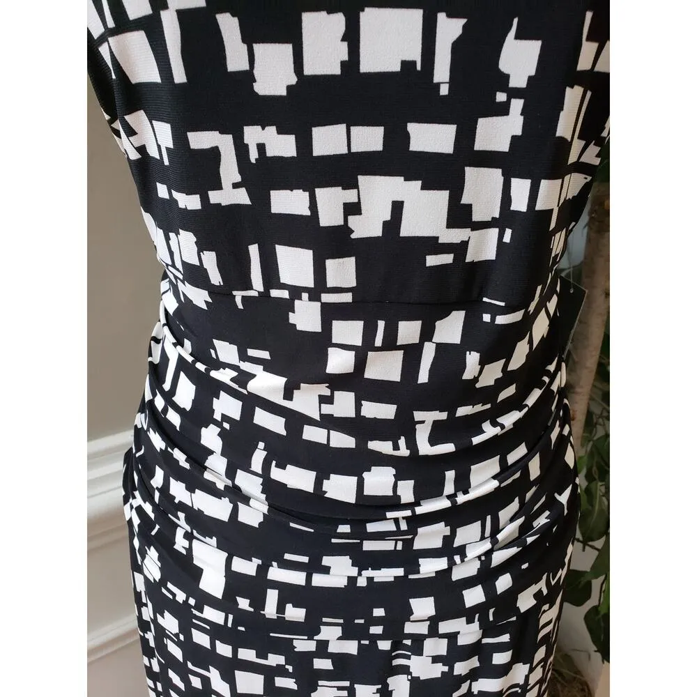 Nine West Sheath Dress Women Size 16 Black Ivory Geo Print Round Neck Sleeveless - Image 10