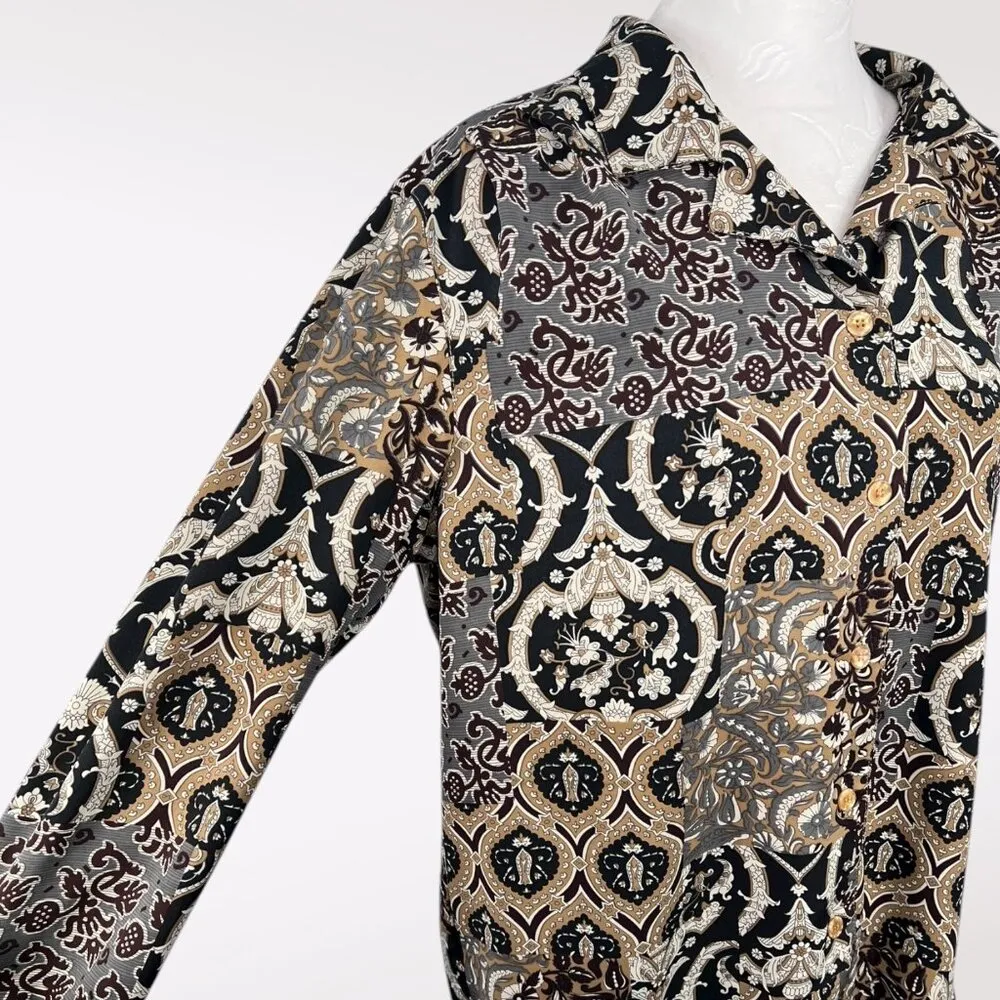 Alfred Dunner Print Button Front Long Sleeve Blouse Black Tan Medium - Image 7